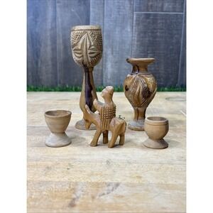 Vintage Hand Carved Wood Decor Lot Vase Goblets Camel Figurine Folk Art 5 Pc